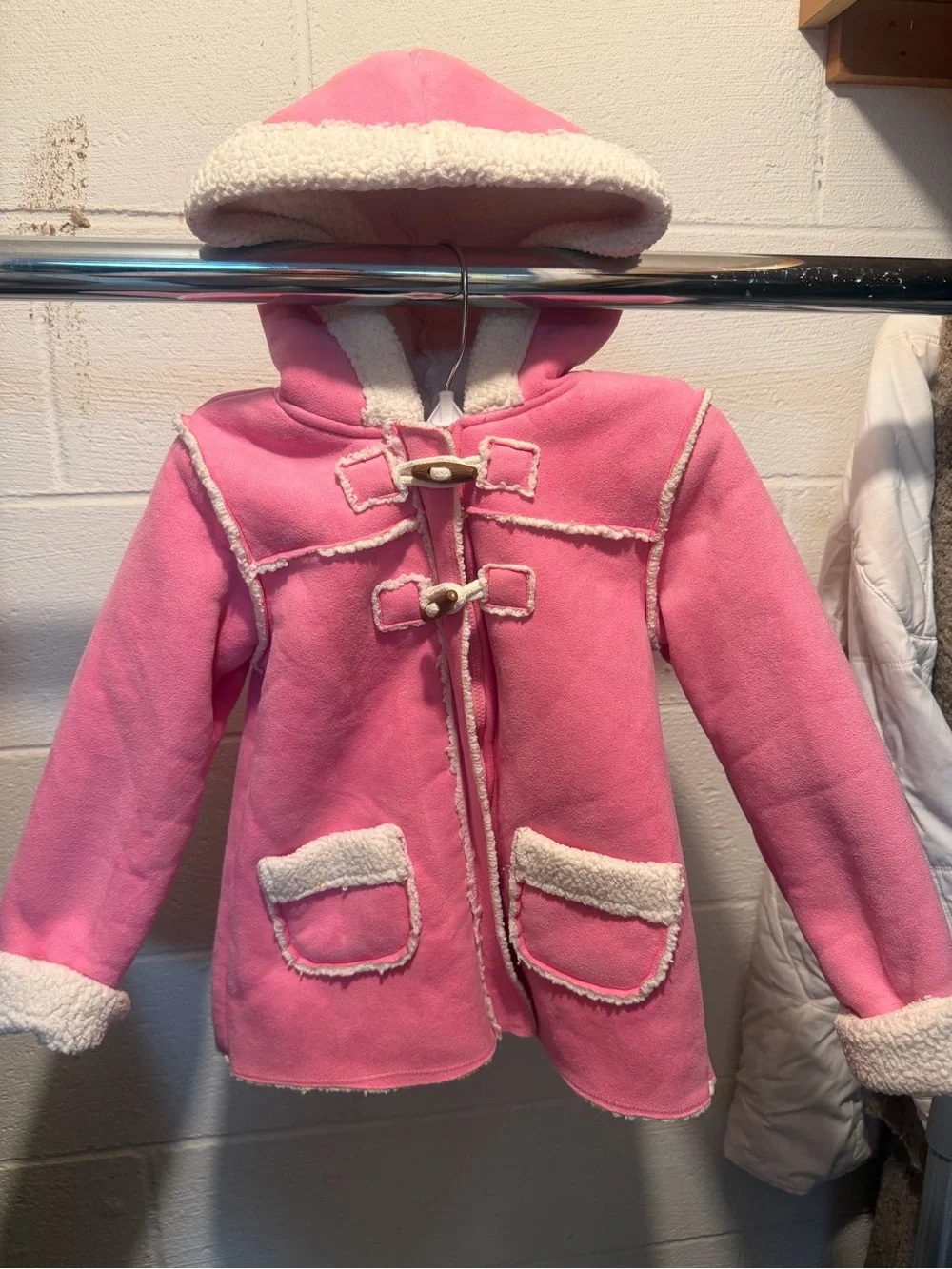 OshKosh B'gosh Pink Hooded Toggle Coat with Cream Faux-Shearling Trim